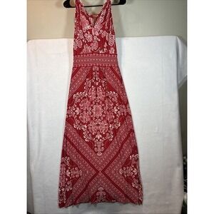 London Times Maxi Dress Womens 8 Red White Medallion Bandana Print Halter Boho